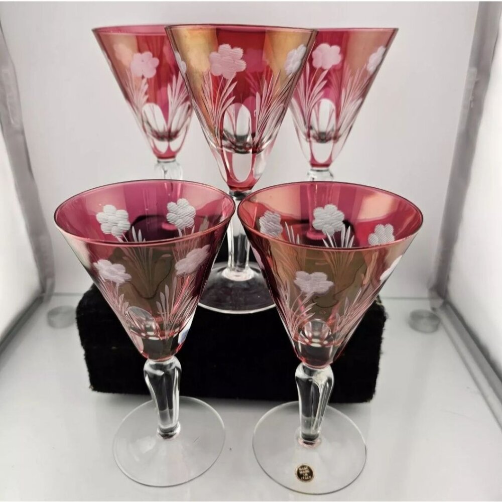 6 Italian Cranberry Glass Cut to Clear Cocktail Glasses 6" Italy floral cut glas - Picture 3 of 8